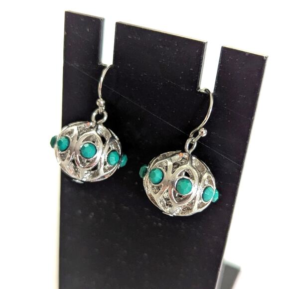 Southwestern Style Silver Tone Filigree Turquoise Rhinestone Orb Hook Earrings - Picture 1 of 3